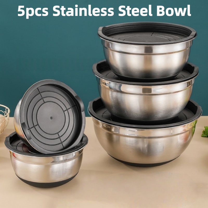 Baking Kitchen Set - 5個セット ステンレス製ミキシングボウル 蓋付き - 防錆、滑り止めベース、ベーキングや調理に、キッチン必需品