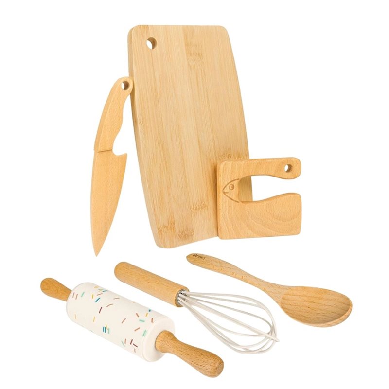Kitchen Kids Baking Set - ABUG製、木製の子供用ナイフと幼児向けのベーキングセット。本格的な料理体験ができる6点セット。モンテッソーリ教育に基づいた幼児用キッチンツール、料理用まな板。