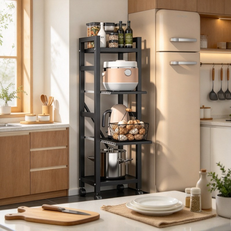 Kitchen Baking Cart - 引き出し式のキッチンラック、床置きの鍋棚、多段式の隙間収納、ベーキング用品収納ホルダー、頑丈な調整可能なスチール製カートスタンド。
