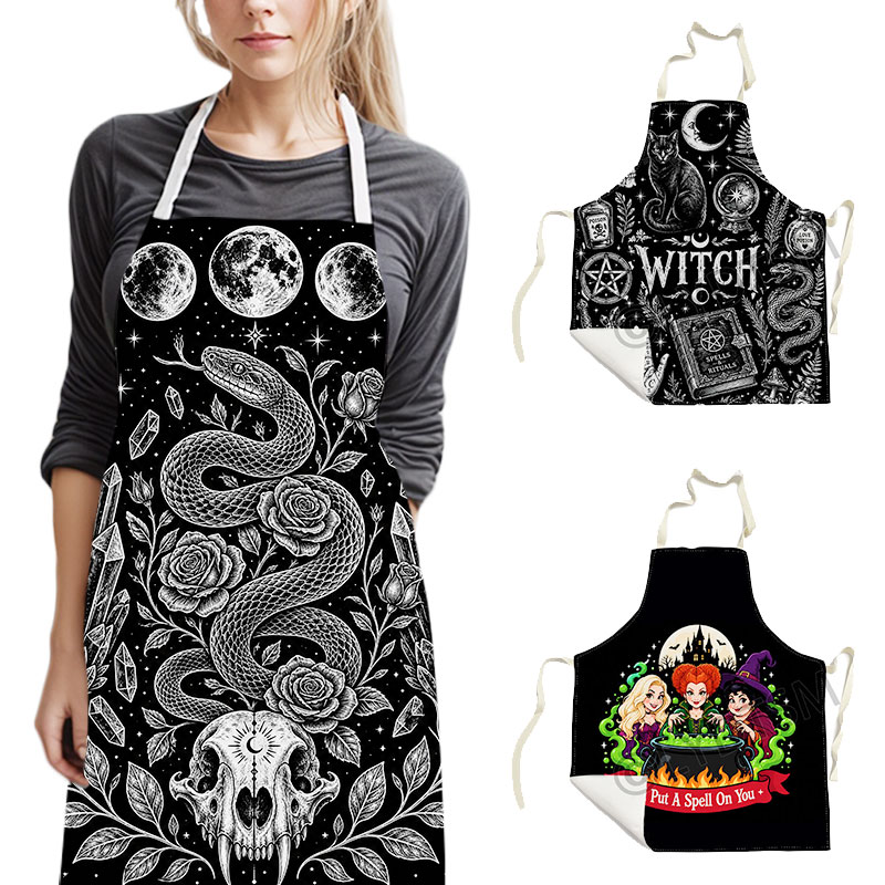 ゴシック風魔女風オカルト柄エプロン。蛇、月、ドクロ、バラのデ - Kitchen Witch Baking のレビューと価格